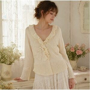 Acorn L XL Cardigan Sweater Ruffle Bow Coquette Dainty Cottagecore Twee Feminine